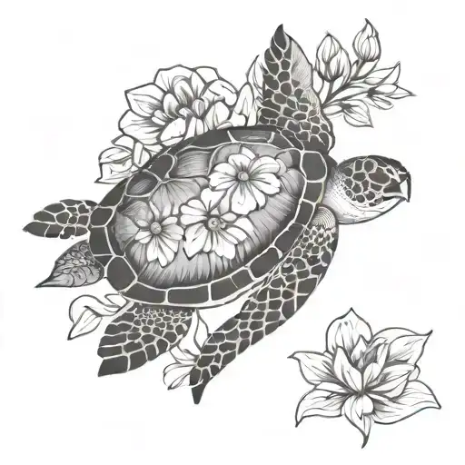 sea turtle with flower instead of shell, cute  tattoo design idea