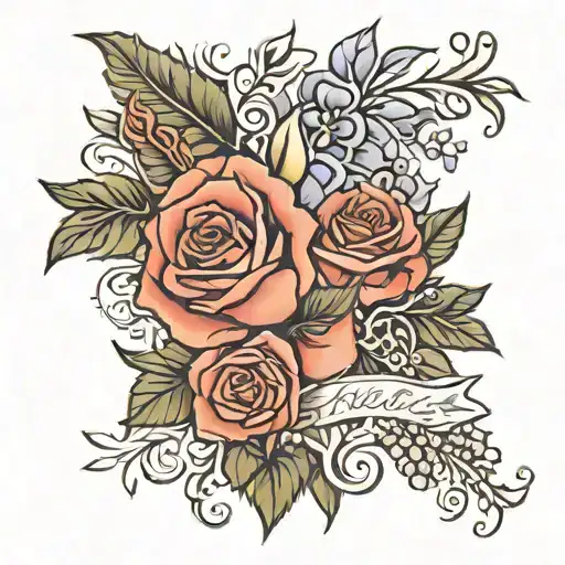 Rose with the name "Paisley" and larkspur with the name "Kaylee" tattoo design idea