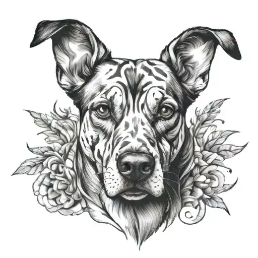 A detailed portrait of a dog in a surrealistic style tattoo design idea