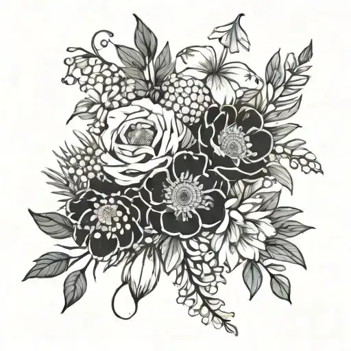Australian native birth flower September December October and February bouquet black and white  tattoo design idea
