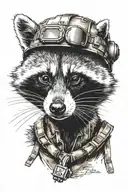 standing raccoon with tactical helmet  without a vest. raccoon completely pictured  tattoo design idea
