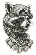 standing raccoon with tactical helmet  without a vest. raccoon completely pictured  tattoo design idea