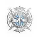 roman round shield with a diagonal spear and a gradiator helmet tattoo design idea