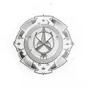 roman round shield with a diagonal spear and a gradiator helmet tattoo design idea