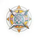 roman round shield with a diagonal spear and a gradiator helmet tattoo design idea
