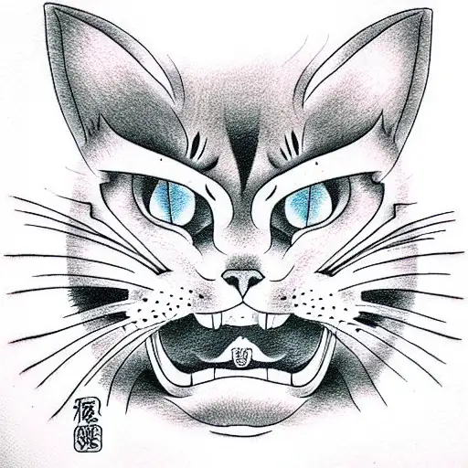 angry cat with open mouth  tattoo design idea