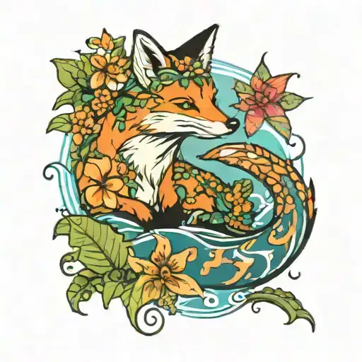 a fox with hawaiian flowers, colorful, a small lizard, a sea turtle, with a calm sea  tattoo design idea