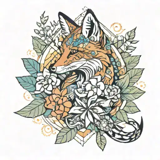 a fox with hawaiian flowers, colorful, a small lizard, a sea turtle, with a calm sea  tattoo design idea