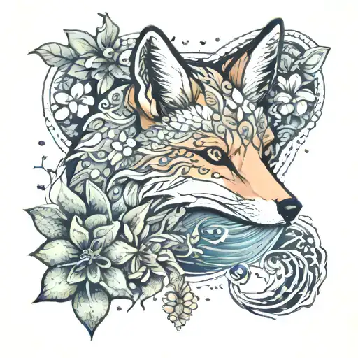 a fox with hawaiian flowers, colorful, a small lizard, a sea turtle, with a calm sea  tattoo design idea