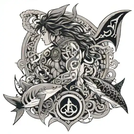 An anime character with intricate Greek patterns and symbols, surrounded by sharks tattoo design idea