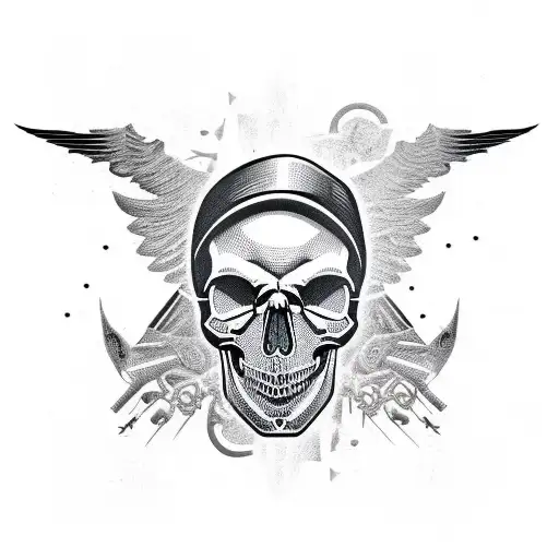 A skull head surrounded by metal wings in a blackwork style tattoo design idea