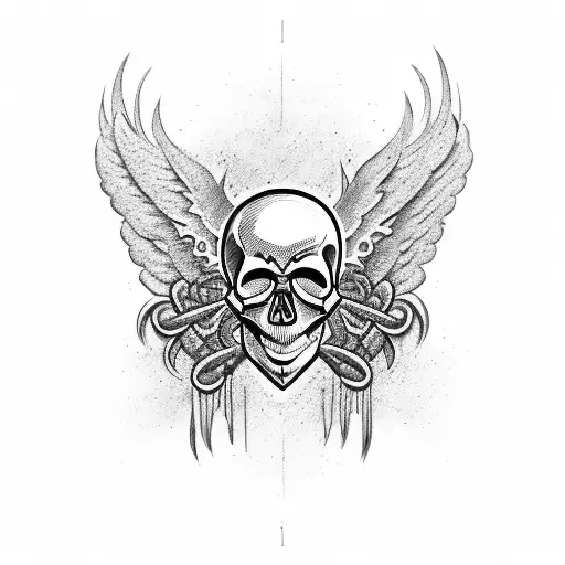 A skull head surrounded by metal wings in a blackwork style tattoo design idea