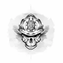 A skull head wearing a firefighter helmet with metal wings tattoo design idea