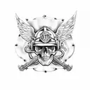 A skull head wearing a firefighter helmet with metal wings tattoo design idea