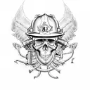 A skull head wearing a firefighter helmet with metal wings tattoo design idea