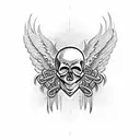 A skull head surrounded by metal wings in a blackwork style tattoo design idea
