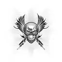 A skull head surrounded by metal wings in a blackwork style tattoo design idea