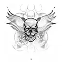 A skull head surrounded by metal wings in a blackwork style tattoo design idea