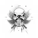 A skull head surrounded by metal wings in a blackwork style tattoo design idea