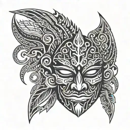 Evil, good, shamanic face mask, inscriptions, ornaments, tattoo design idea