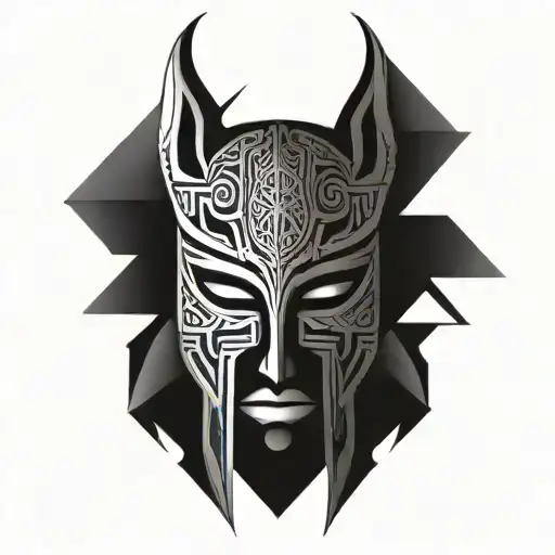 Evil, good, shamanic mask, inscriptions, ornaments, tattoo design idea