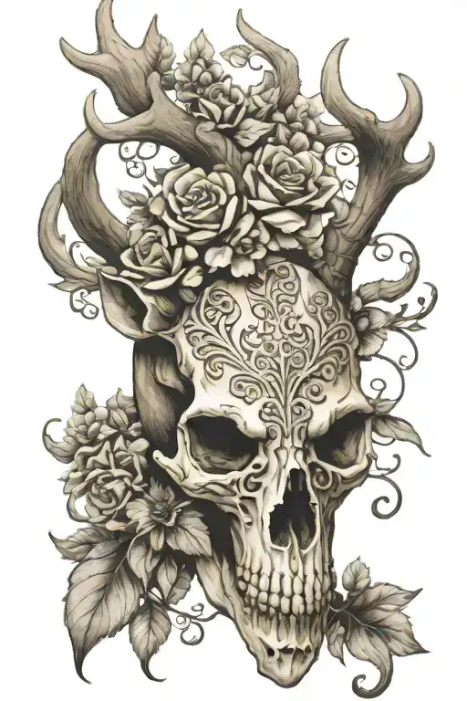 deer head skull with antlers. floral designs integrated tattoo design idea