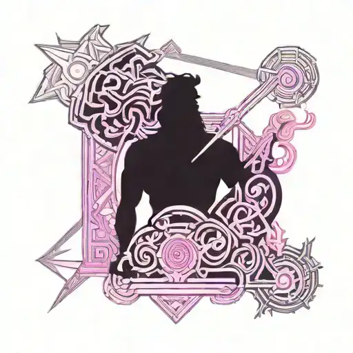 mythical gods zeus and poseidon locked in epic battle with black, pink, purple, silver hues tattoo design idea