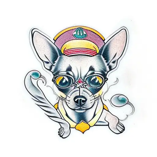 perro Chihuahua y chica rizada de lentes y gorda tattoo design idea