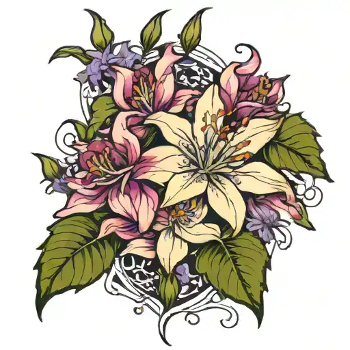 larkspur flowers growing and becoming intertwined with water Lilly that is dripping rubies tattoo design idea