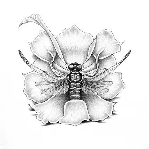 Dragonfly, morning glory, rose, cosmos, chrysanthemum tattoo design idea