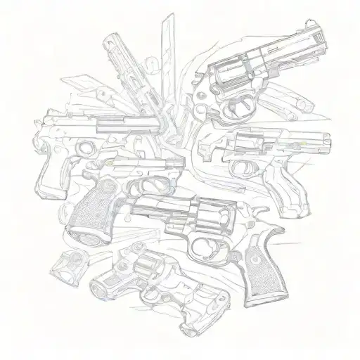 Create a unique design featuring a collage of pistols and symbols related to gangster culture, with a touch of South Davis Hustler 9th influence tattoo design idea