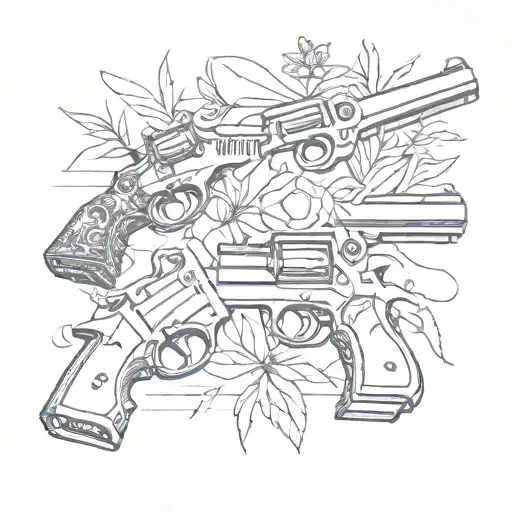 Create a unique design featuring a collage of pistols and symbols related to gangster culture, with a touch of South Davis Hustler 9th influence tattoo design idea