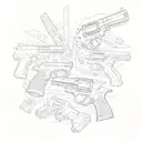 Create a unique design featuring a collage of pistols and symbols related to gangster culture, with a touch of South Davis Hustler 9th influence tattoo design idea