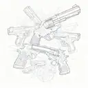 Create a unique design featuring a collage of pistols and symbols related to gangster culture, with a touch of South Davis Hustler 9th influence tattoo design idea