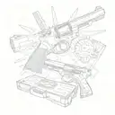 Create a unique design featuring a collage of pistols and symbols related to gangster culture, with a touch of South Davis Hustler 9th influence tattoo design idea