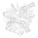 Create a unique design featuring a collage of pistols and symbols related to gangster culture, with a touch of South Davis Hustler 9th influence tattoo design idea