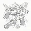 Create a unique design featuring a collage of pistols and symbols related to gangster culture, with a touch of South Davis Hustler 9th influence tattoo design idea
