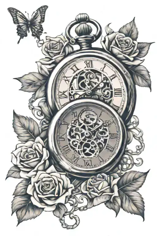 two connected pocket watches with name Jessica and Lars and birth time NO ROSES tattoo design idea