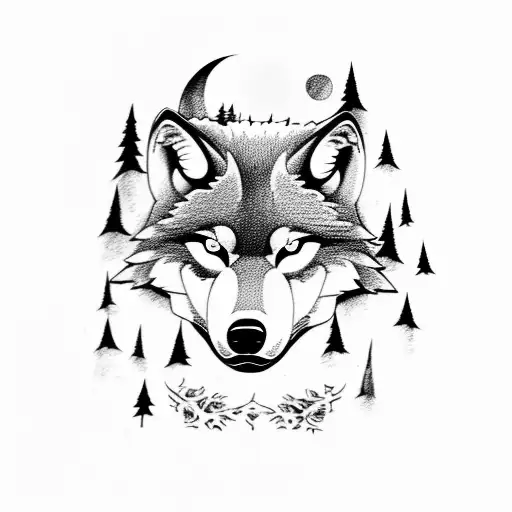 a wolf with a forest and skulls and a full moon and dark tattoo design idea