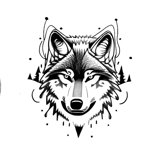 a wolf with a forest and skulls and a full moon and dark tattoo design idea