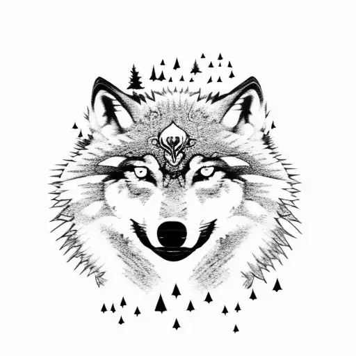 a wolf with a forest and skulls and a full moon and dark tattoo design idea