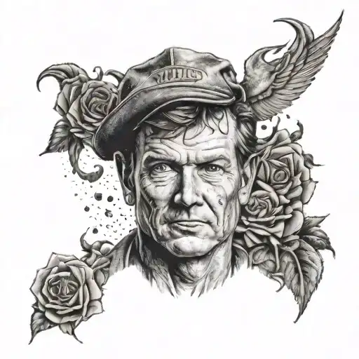 A detailed portrait of Dennis Wayne David with his birth and death dates incorporated into the design tattoo design idea
