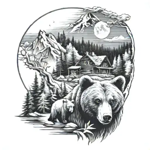 two bears, one bear cub, mountains, forest, river, cabin, moon tattoo design idea