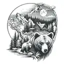 two bears, one bear cub, mountains, forest, river, cabin, moon tattoo design idea