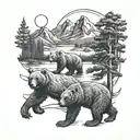 two bears, one bear cub, mountains, forest, river, cabin, moon tattoo design idea