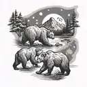 two bears, one bear cub, mountains, forest, river, cabin, moon tattoo design idea
