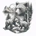 two bears, one bear cub, mountains, forest, river, cabin, moon tattoo design idea