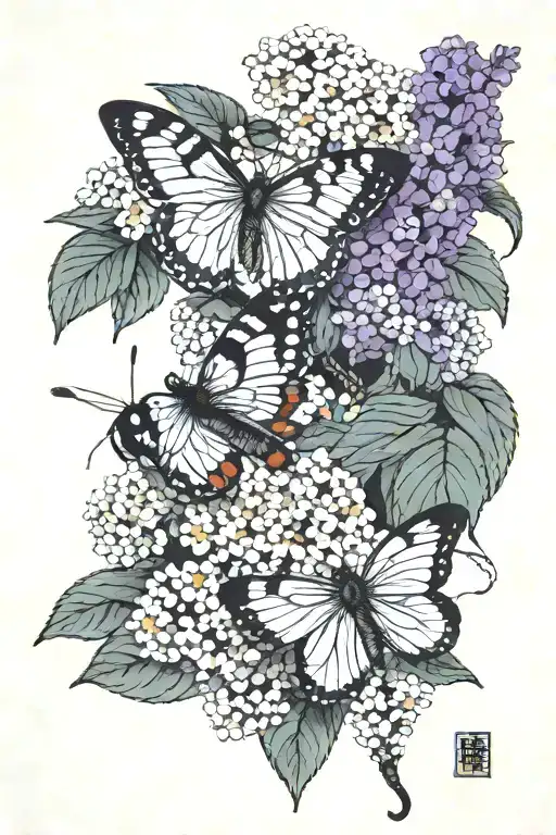 Buddleia flower with a butterfly and a honey bee  tattoo design idea