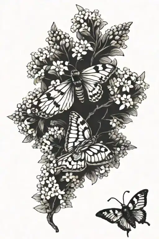Buddleia flower with a butterfly and a honey bee  tattoo design idea