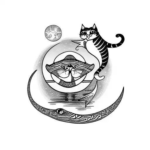 cat playing with fish in the water and the moon and it's reflection tattoo design idea